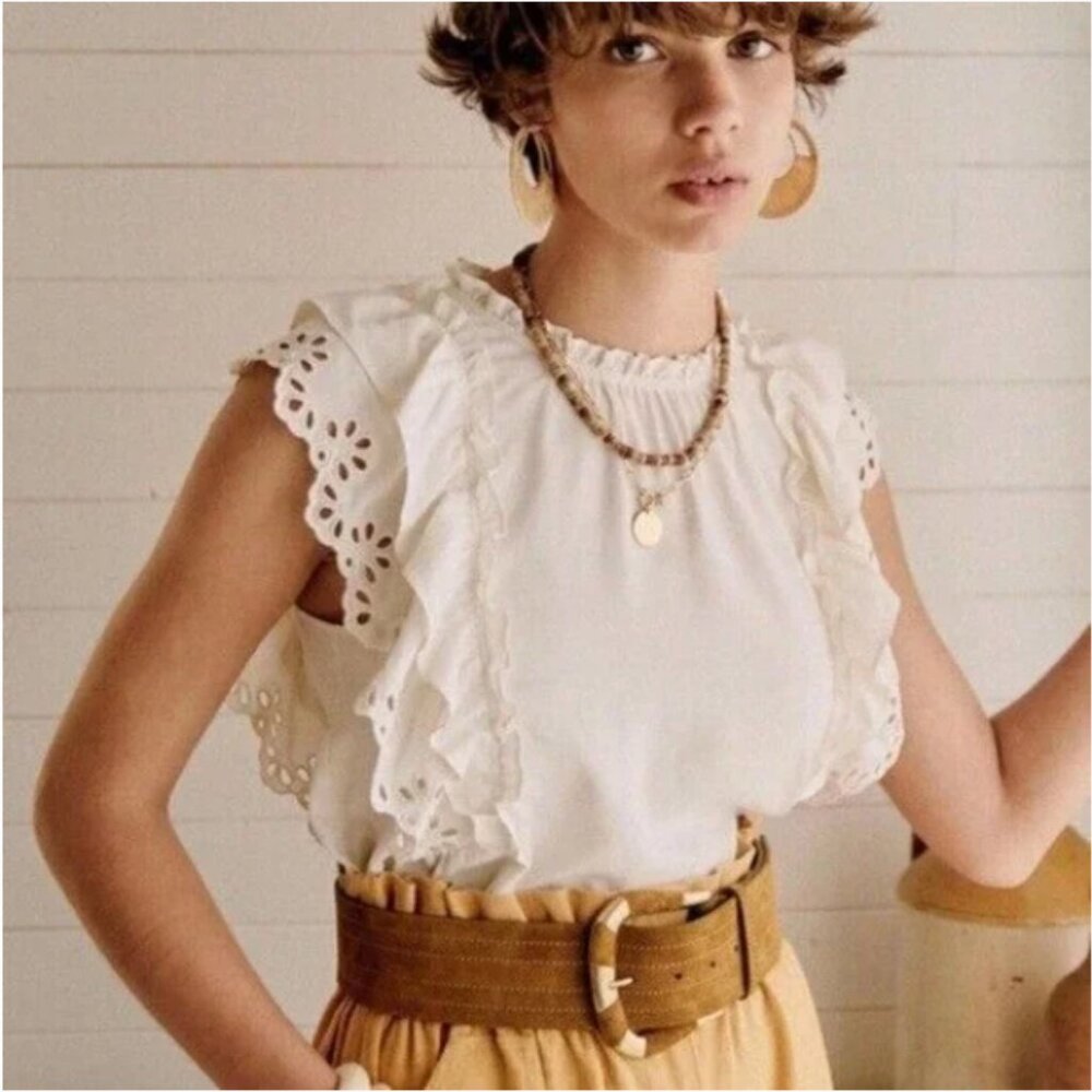Sezane Claire Top Ecru Ruffle Crochet Lace Cap Sleeve